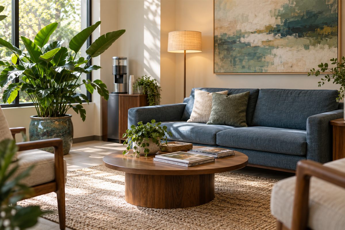 Sala de espera com sofá azul, mesa de centro, plantas e bebedouro